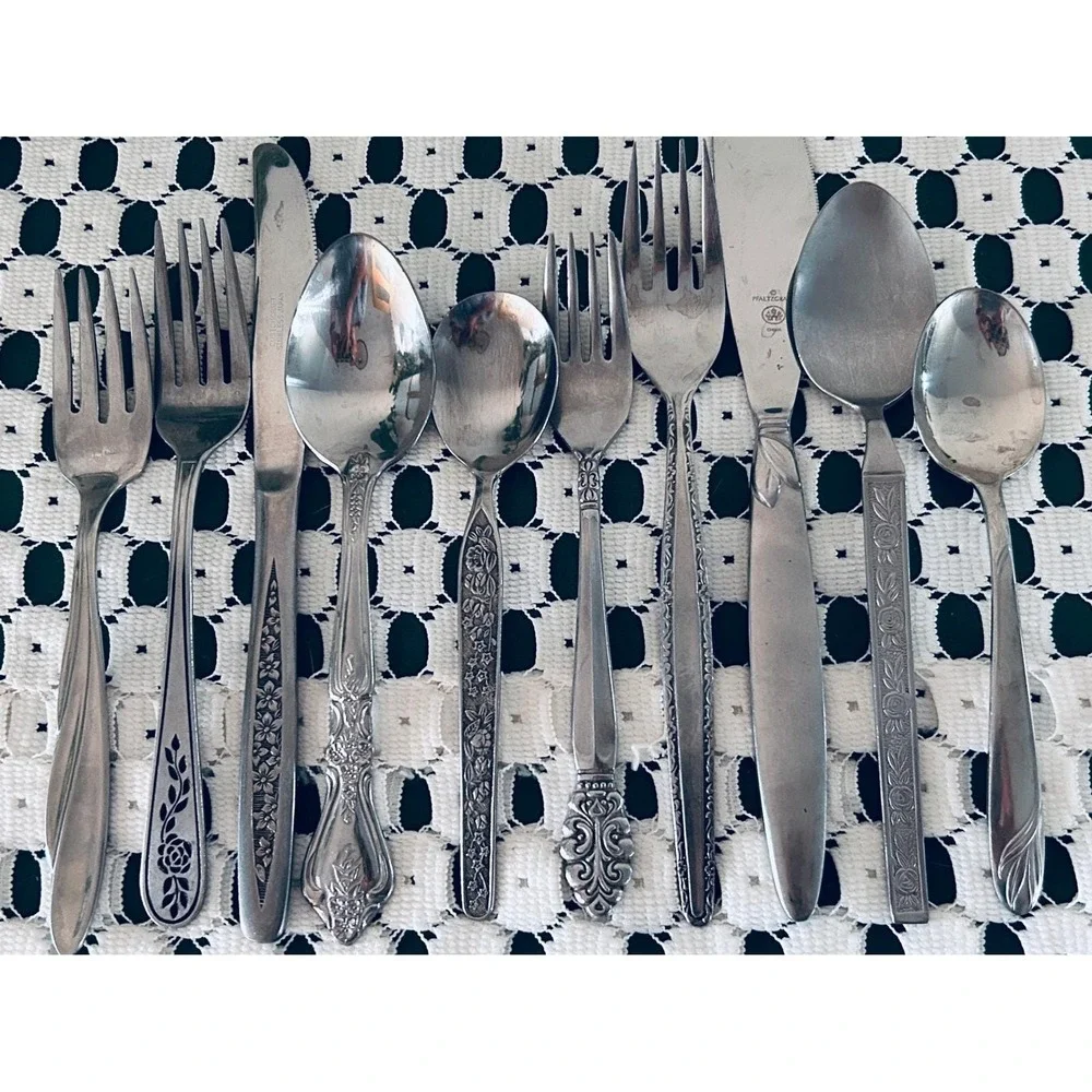Vintage Mismatched Floral Flatware Set Service for 2 10pc Stainless Steel MCM